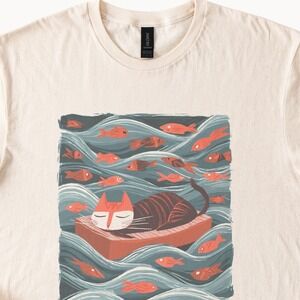 Peaceful Cat in Boat Graphic Tee Whimsical Water Art